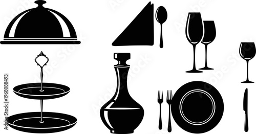 Fine dining restaurant table setting flat vector illustration featuring luxury cloche decanter tiered cake stand wine glasses plate cutlery and napkin silhouette.