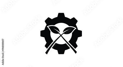 A black and white logo featuring a gear with leaves integrated into its center high quality