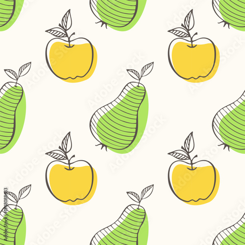 Seamless minimalist apple and pear pattern with line art and offset color fills, ideal for kitchen textiles, eco-friendly packaging, and modern nursery decor.