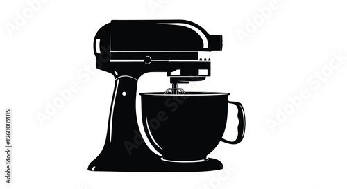 A black silhouette of a classic stand mixer with a round mixing bowl and attachments