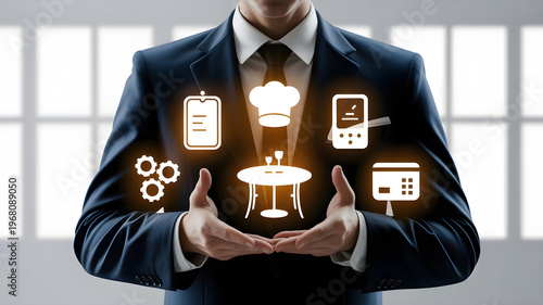 Man in suit holding a virtual table setting and dining icons, representing event planning and hospitality technology solutions for celebrations.