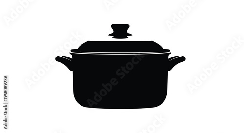 A stark black silhouette depicts a cooking pot with a lid and handles isolated on white