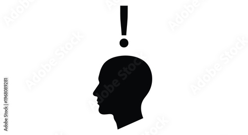 A black silhouette of a human head with an exclamation mark above it high quality professional