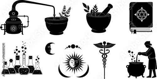 Mystical alchemy icons set with apothecary distillery equipment mortar and pestle magic spell book celestial moon sun goddess silhouette and medicinal herbalist chemistry laboratory