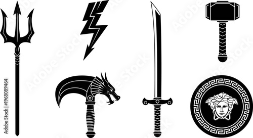 Mythological legendary fantasy weapons and mystical power symbols collection featuring trident lightning bolt long sword war hammer dragon scythe and medusa shield flat black silhouette.