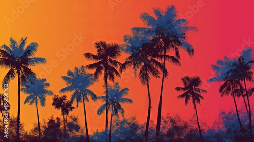 A serene tropical landscape with palm trees silhouetted against a vibrant orange and pink sunset sky