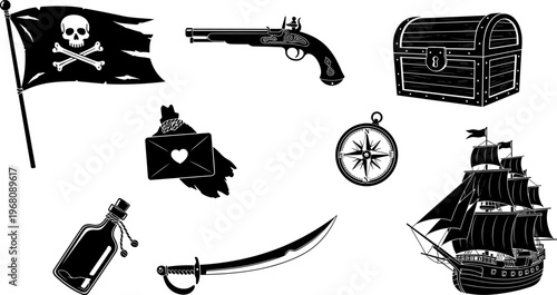 Pirate adventure elements set featuring jolly roger flag skull and crossbones flintlock pistol treasure chest wooden ship compass cutlass sword and message bottle silhouette.