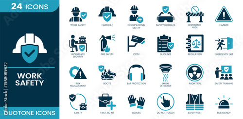 Work safety icon set. CCTV, fire safety, hard hat, work safety, workplace security, safety goggles, emergency exit, hazard, ear protection, boots, gloves, Duotone vector icons collection.