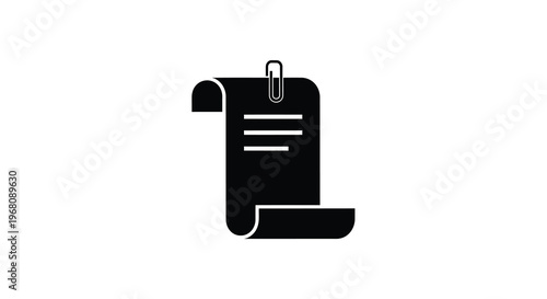 A simple black silhouette of a document secured with a single metal paper clip high quality