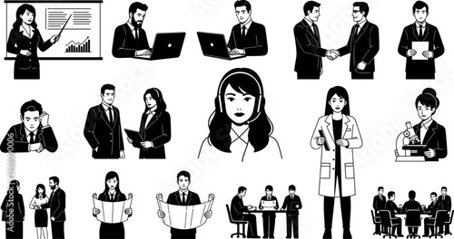 Professional business people character set featuring office employees working on laptops, conducting presentations, shaking hands, scientists in lab, and corporate team meeting flat vector 