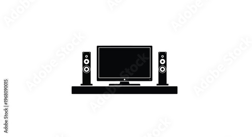 A minimalist black and white illustration depicts a television with accompanying speakers on a stand