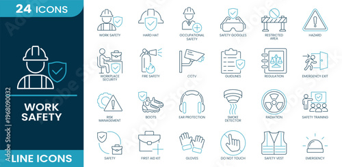 Work safety icon set. Work safety, hard hat, safety goggles, hazard, workplace security, fire safety, CCTV, emergency exit, boots, gloves, ear protection, first aid kit, Line vector icons collection.