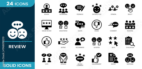 Review icon set. Feedback, review, testimonial, rating, like, comment, dislike, recommend, satisfied, dissatisfied, evaluation, survey, opinion and more. Solid vector icons collection.