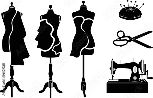Professional tailoring and dressmaking set featuring female mannequins with draped fabric, vintage sewing machine, sharp scissors, and pincushion icons in black silhouette style.