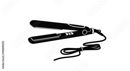 A black and white illustration depicts a hair straightening iron with a visible power cord