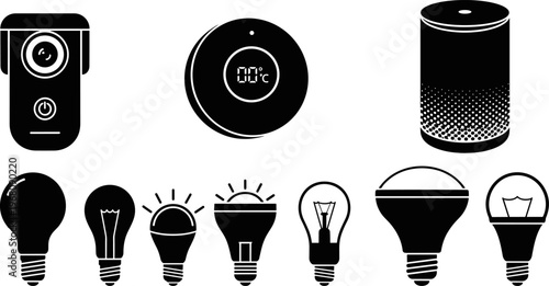 Smart home technology vector icon set featuring security doorbell camera digital thermostat voice controlled smart speaker and various energy efficient LED light bulbs