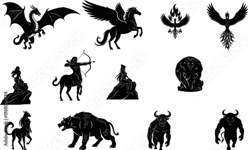Set of mythical creature silhouettes including dragon winged horse pegasus phoenix centaur archer minotaur and mystical beasts for fantasy graphic design elements and vector illustration projects.