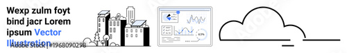 Urban development, data visualization, cloud storage, technology services, business strategy, minimalism. buildings, analytics dashboard and a cloud line art. Data visualization and urban