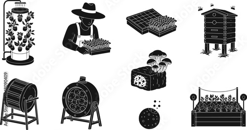 Sustainable Urban Farming Icon Set Featuring Hydroponic Tower, Compost Tumbler, Mushroom Cultivation, Beehive, Microgreens, Backyard Gardening, and Organic Food Production for Eco-Friendly Lifestyle.