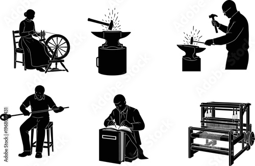 Traditional artisan craftsmanship set featuring blacksmith forging iron on anvil, woman spinning wool on wheel, glassblower shaping molten glass, weaver operating loom, and scribe writing.