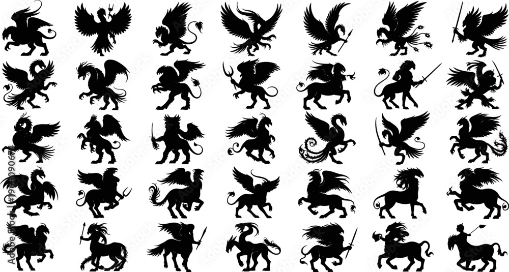 Fototapeta premium Vector Silhouette Collection of Mythical Creatures Featuring Griffins Hippogriffs and Chimeras with Weapons for Heraldic Design Fantasy Illustration and Creative Graphic Art Stock Projects