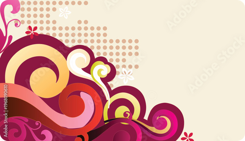 Colorful abstract background featuring vibrant swirling waves and floral elements in shades of pink, yellow, and purple, complemented by a subtle polka dot texture on a light cream base.