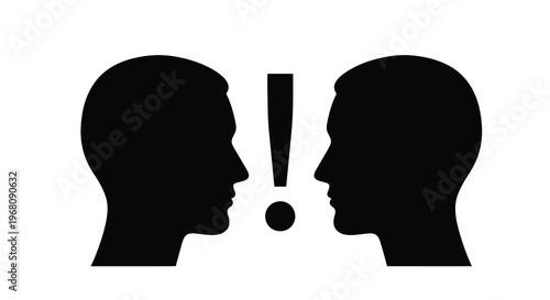 Two silhouetted heads face each other with an exclamation point between them suggesting conflict high quality