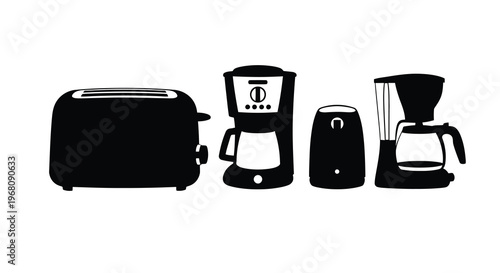A black and white illustration depicts a toaster coffee machines and a blender in a row