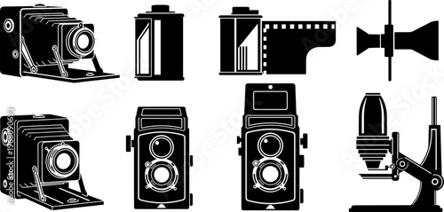 Vintage Analog Photography Equipment Set Featuring Retro Folding Cameras, Twin Lens Reflex , 35mm Film Canisters, Darkroom Enlarger, and Classic Photographic Studio
