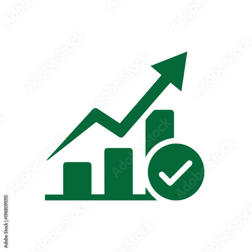 Dark green bar graph chart with upward trend arrow and checkmark indicating successful business growth and performance metrics.