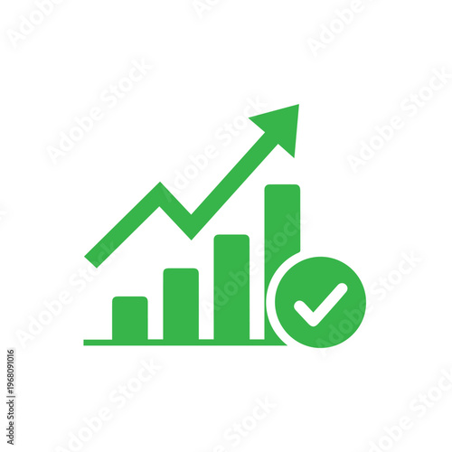 Green bar graph chart with upward trend arrow and checkmark indicating successful business growth and performance metrics.