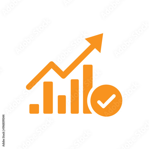 Orange bar graph chart with upward trend arrow and checkmark indicating successful business growth and performance metrics.