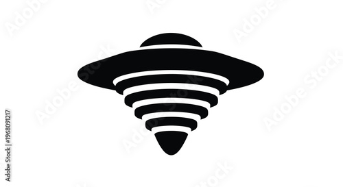 A simple black and white illustration depicts a classic flying saucer spaceship design high quality professional