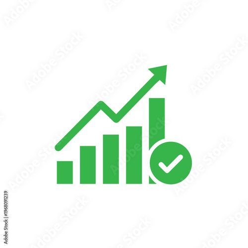 Bar graph with upward trending line and checkmark indicates successful financial growth.