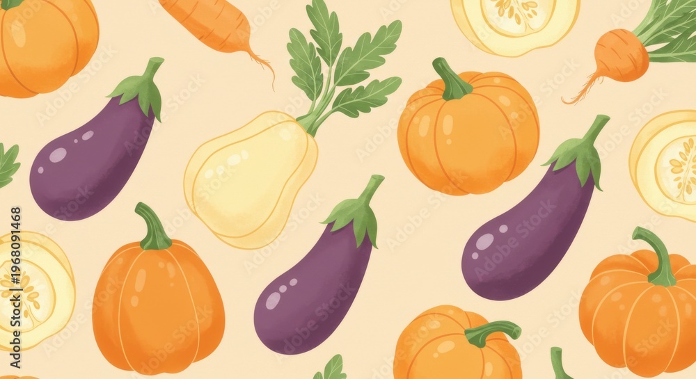 Fototapeta premium Harvest bounty Pumpkins squash eggplants on light beige rustic cozy pattern