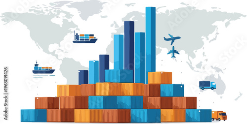 Global trade and logistics, illustrated with shipping containers, cargo ships, airplanes, and trucks on a world map