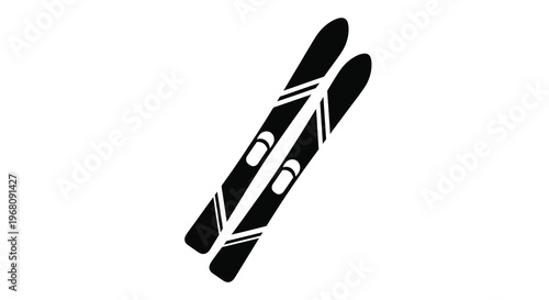 A black and white graphic illustration depicts a pair of alpine skis angled and overlapping