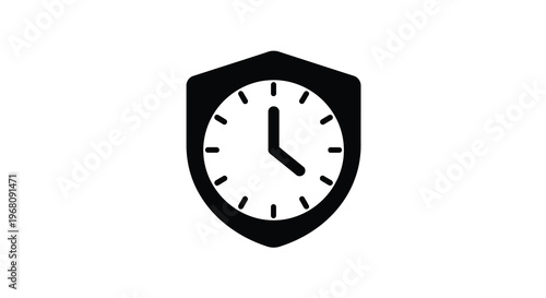 A simple black and white icon depicting a shield containing a clock face symbolizing time protection