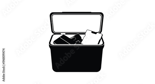 A minimalist black and white illustration depicts an open cooler with ice packs inside high quality