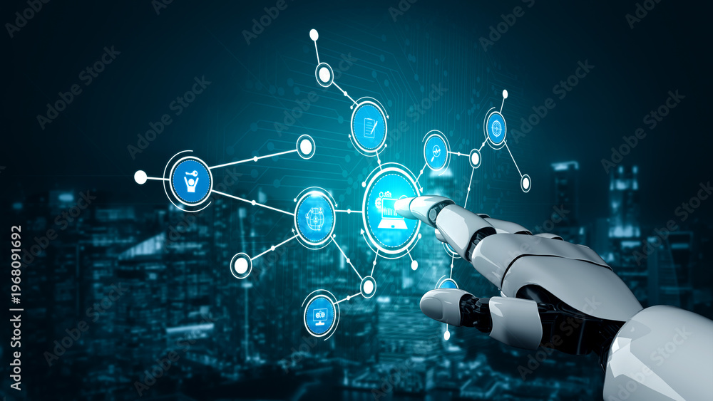 Fototapeta premium A robotic hand engages with a virtual interface displaying technology icons, exemplifying the harmony of automation and advanced connectivity in today digital landscape. Tessel