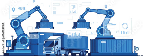 Automated Logistics and Shipping Industry with Robotic Arms and Cargo Truck