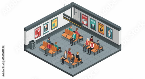Isometric view of people waiting in a gallery hall.