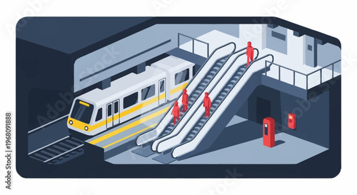 Modern Subway Station with Train and Escalators.