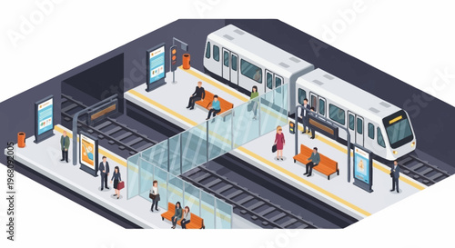 Modern Metro Station with Passengers and Train.
