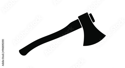 A stark black silhouette depicts a classic hand axe laying diagonally on a white background