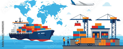 Global shipping and logistics, import and export of goods via sea, air, and land transport