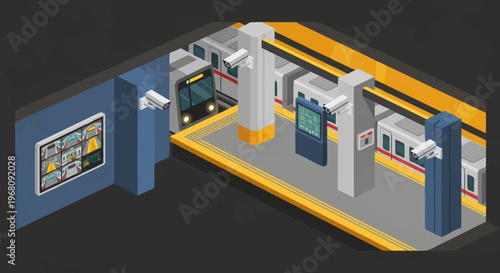 Isometric Subway Station Platform with Trains and Information Displays.