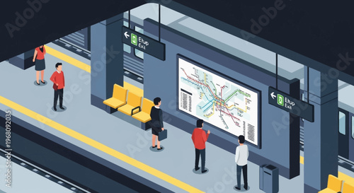 People waiting on subway platform looking at map.