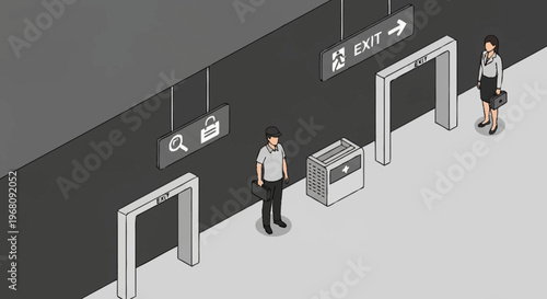 Isometric illustration of security checkpoint with people and equipment.