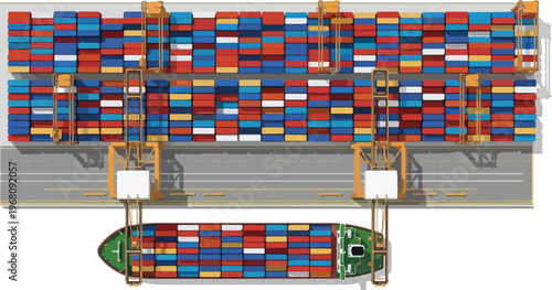 Aerial view of a cargo ship at a busy shipping port being loaded with containers by cranes